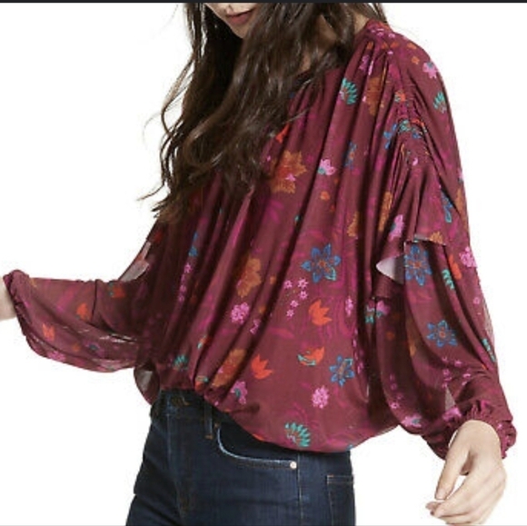 Free People Berry Wildflower Honey Boho Blouse Puffy Sleeves Girly Romantic Top - Picture 11 of 11